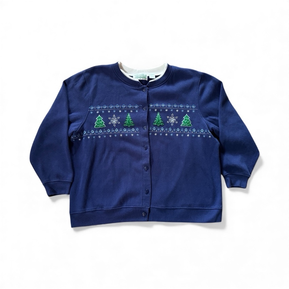 Vintage Extra Shenanigans Women’s 1X Christmas Tree Snowflake  Cardigan USA